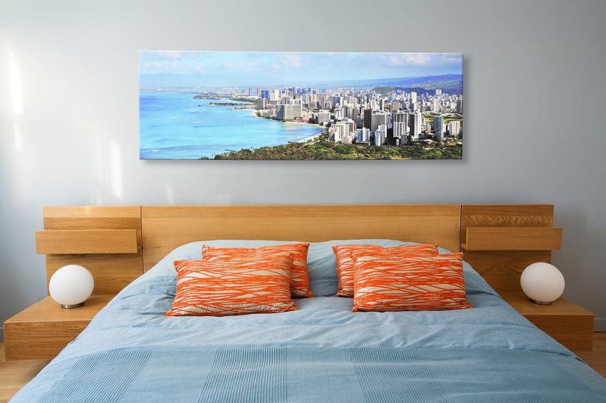 Artistic Photo Canvas print panoramic skyline over blue bed Gallery wrapped panoramic canvas print of a skyline